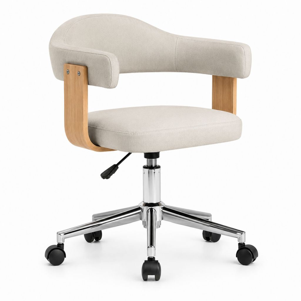 Drehbarer Esszimmerstuhl Beige mit Polyesterbezug Holzarmlehnen und Rollen 62 x 60 x 82-92 cm