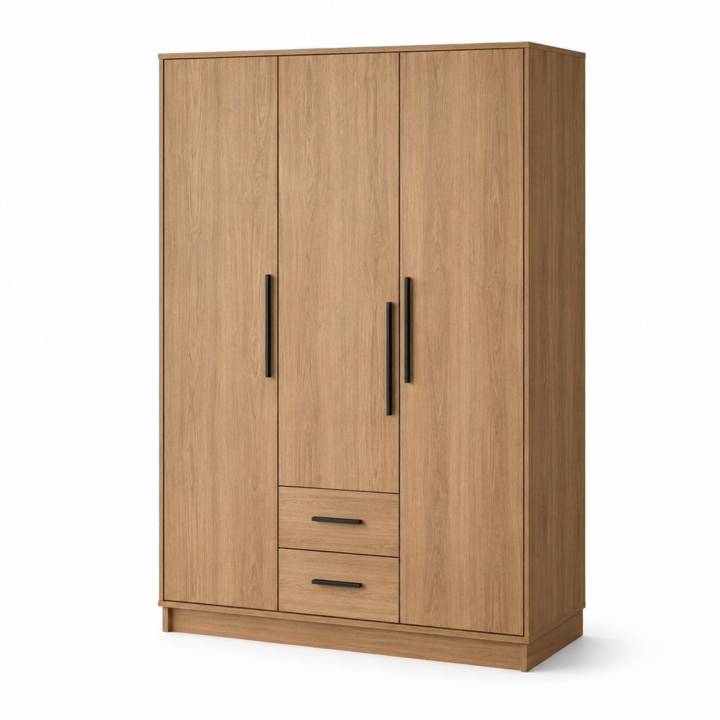 Drehtürenschrank Eichefarben aus melaminharzbeschichteter Spanplatte 120 x 52 x 200 cm mit 3 Türen und 2 Schubladen