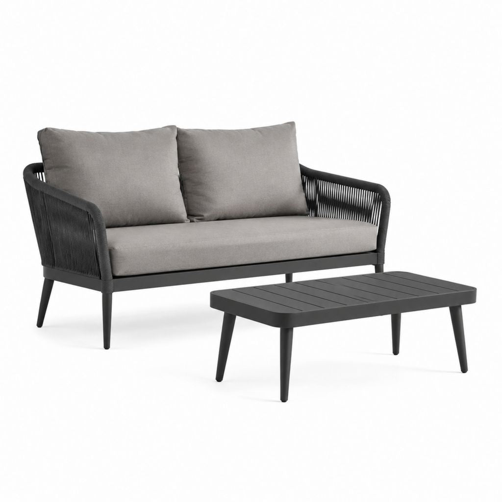 Gartensofa Set 2-Sitzer Schwarz Grau Aluminium und Polypropylen mit Couchtisch 142 x 76 x 75 cm 100 x 60 x 42 cm