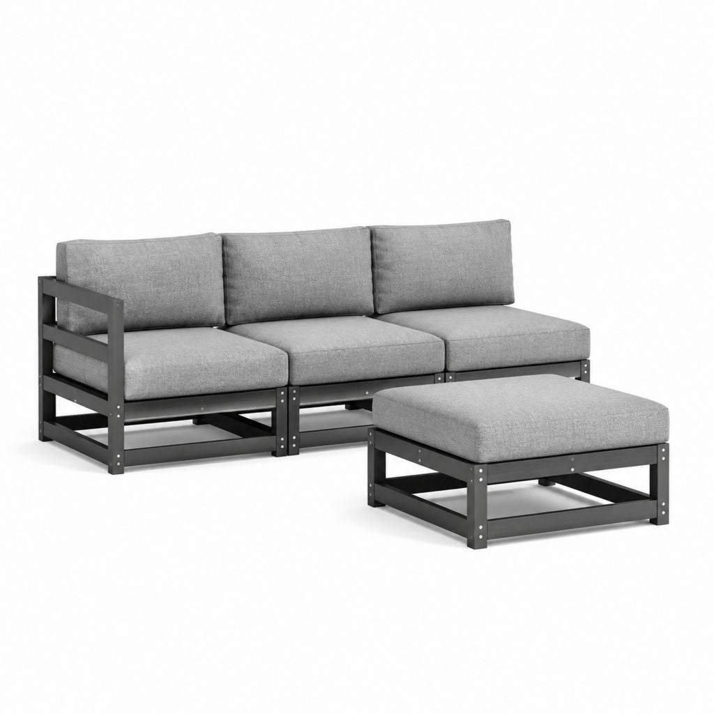 3-Sitzer Gartensofa Set Grau mit Stahlgestell und Hocker 210 x 75 x 70 cm