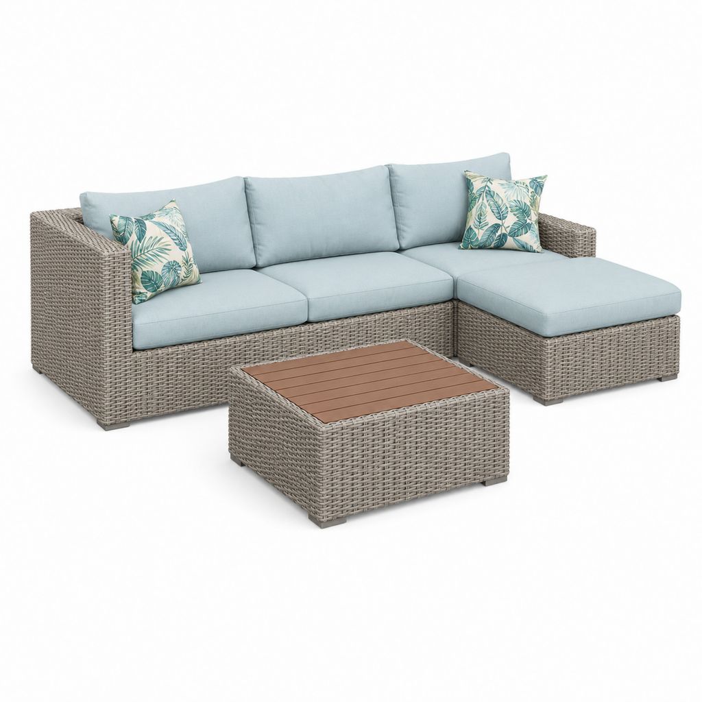 Gartensofa-Set L-Form Grau Hellblau PE-Rattan Aluminium 230 x 150 x 85 cm