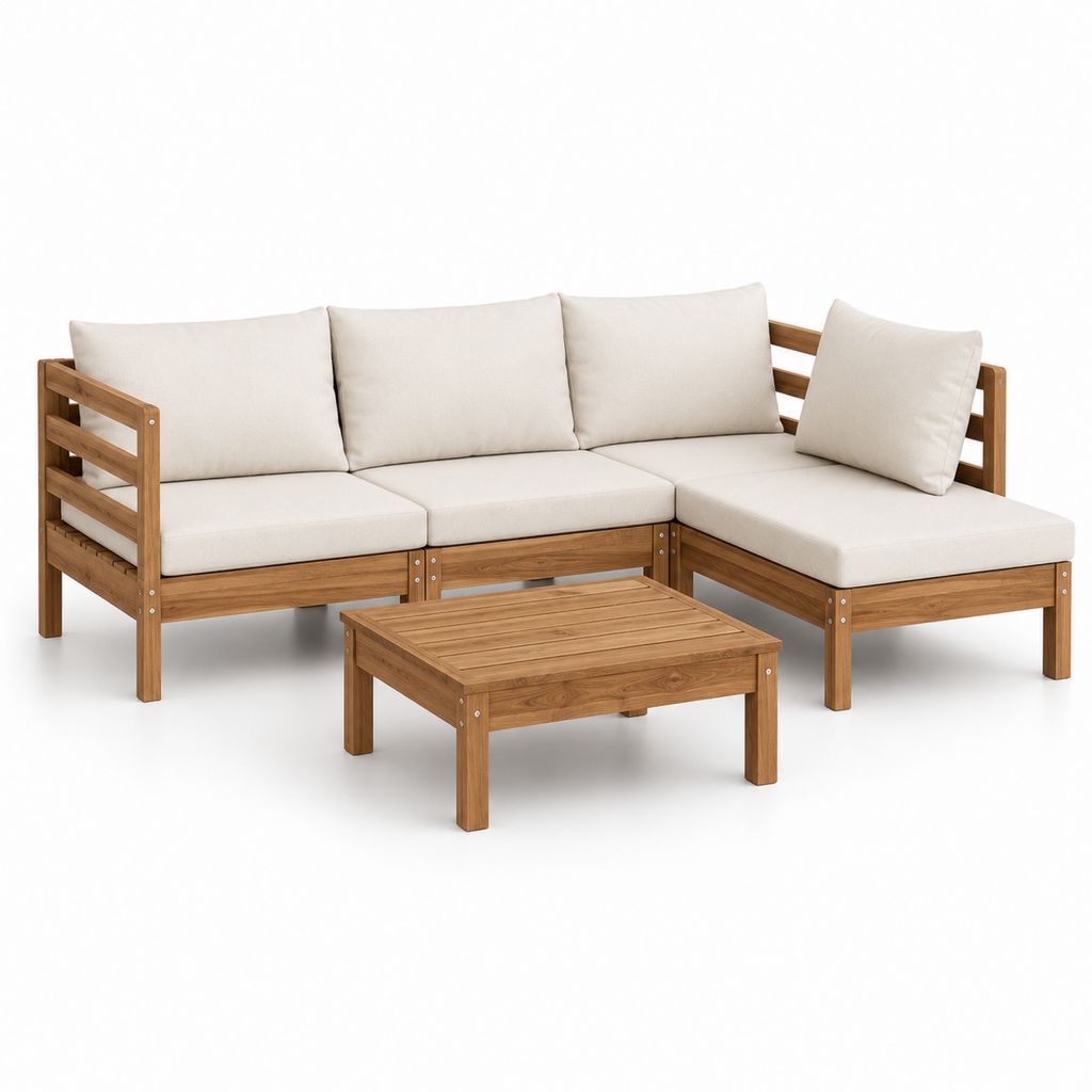 Gartenlounge Ecksofa Set Natur Akazien-Massivholz Beige mit Couchtisch 208 x 208 cm