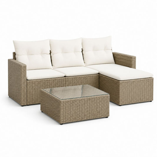 Gartenlounge Set Beige PE-Rattan Ecksofa mit Glastisch 200 x 140 x 85 cm