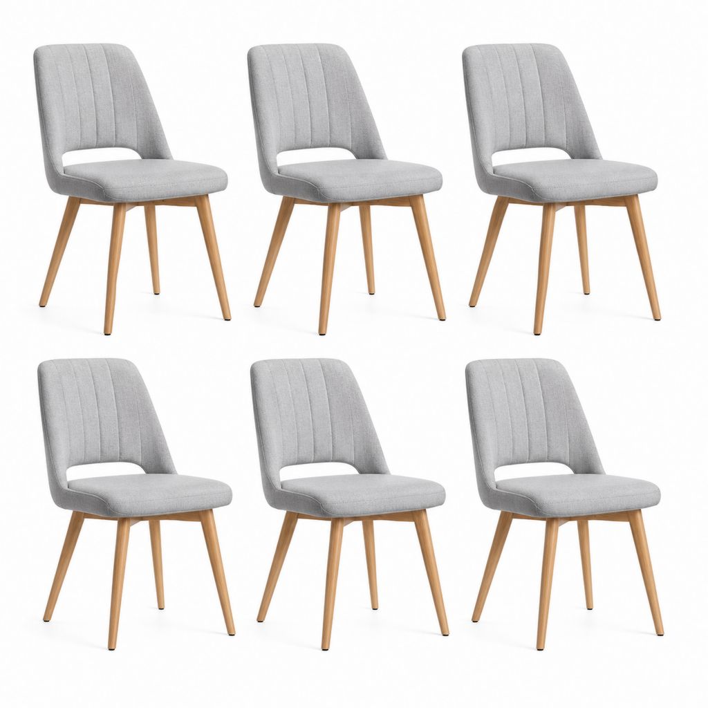 6er Set Esszimmerstühle Hellgrau Polyester Buchenholz 48 x 56 x 82 cm