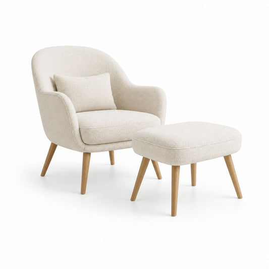 2-teiliges Sessel-Set mit Hocker Creme Polyester-Bouclé Rund 78 x 75 x 96 cm