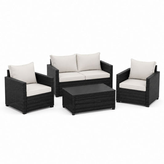 Gartenmöbel-Set 4-teilig Schwarz PE-Polyrattan mit cremeweißen Polyester-Kissen 2-Sitzer-Sofa 126 x 65.5 x 73 cm