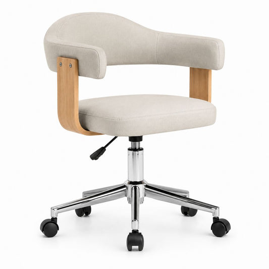 Drehbarer Esszimmerstuhl Beige mit Polyesterbezug Holzarmlehnen und Rollen 62 x 60 x 82-92 cm