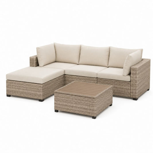 Gartensofa Set Beige PE-Rattan Eckform mit Couchtisch 230 x 150 x 75 cm
