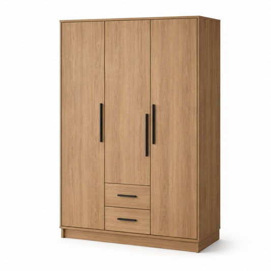 Drehtürenschrank Eichefarben aus melaminharzbeschichteter Spanplatte 120 x 52 x 200 cm mit 3 Türen und 2 Schubladen