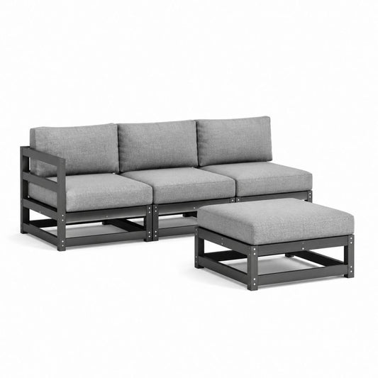3-Sitzer Gartensofa Set Grau mit Stahlgestell und Hocker 210 x 75 x 70 cm
