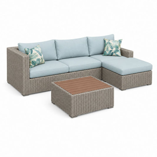 Gartensofa-Set L-Form Grau Hellblau PE-Rattan Aluminium 230 x 150 x 85 cm