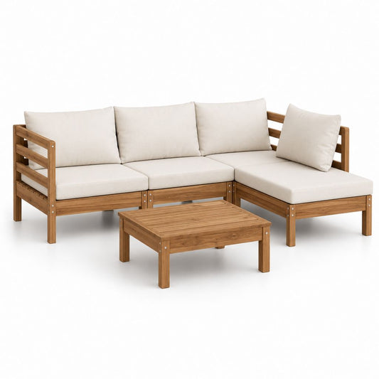 Gartenlounge Ecksofa Set Natur Akazien-Massivholz Beige mit Couchtisch 208 x 208 cm