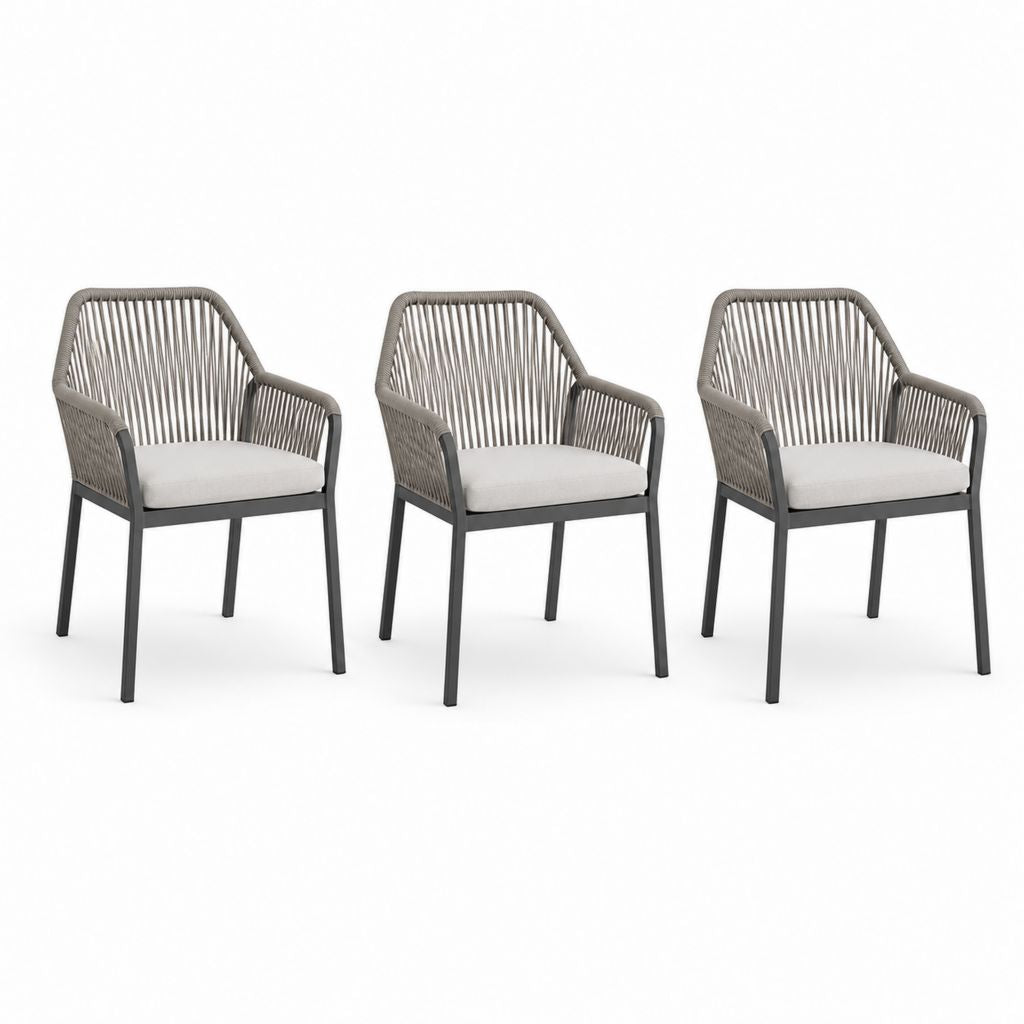3er Set Gartenstühle mit Armlehnen Taupe Schwarz Stahl und Polypropylen-Seil 57 x 62 x 88 cm