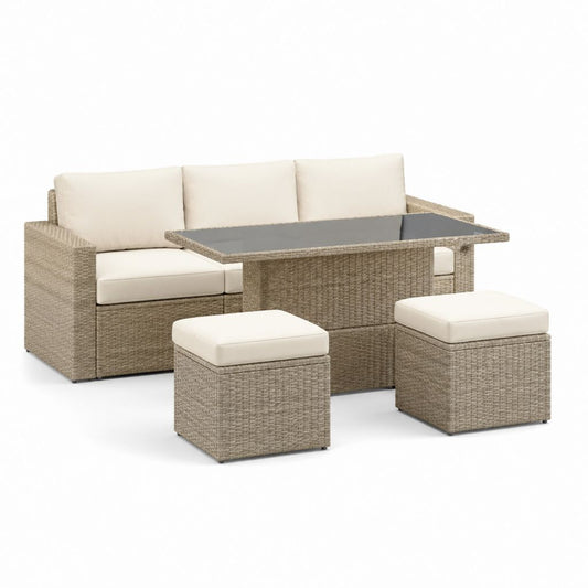 Gartenmöbel Set 4-teilig Beige PE-Rattan mit 3-Sitzer Sofa Tisch und 2 Hockern 184 x 70 x 73 cm